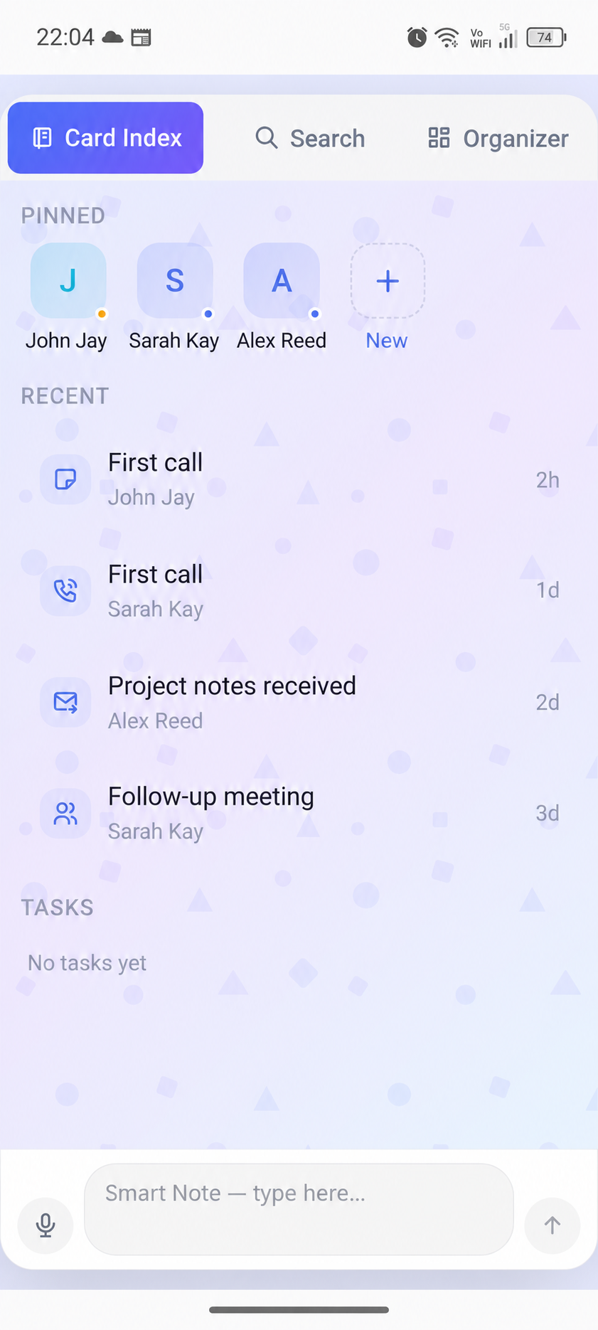 English Card Index home demo with fictional contacts and activity