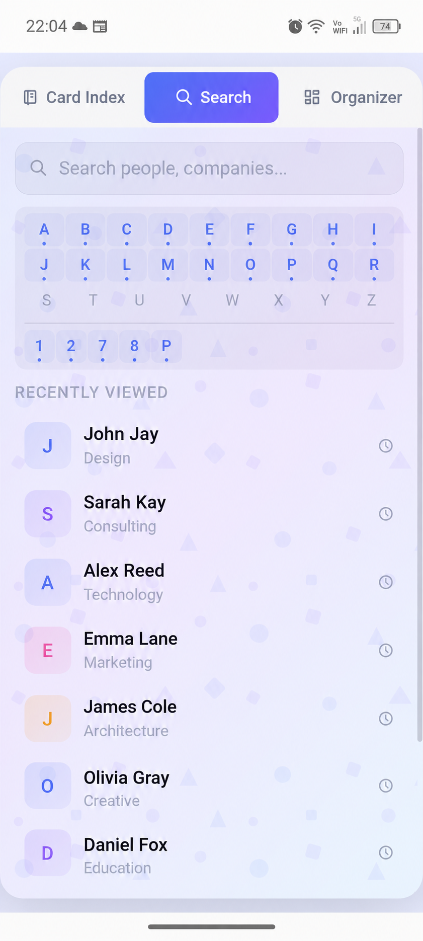 English Card Index search demo with fictional contacts John Jay and Sarah Kay