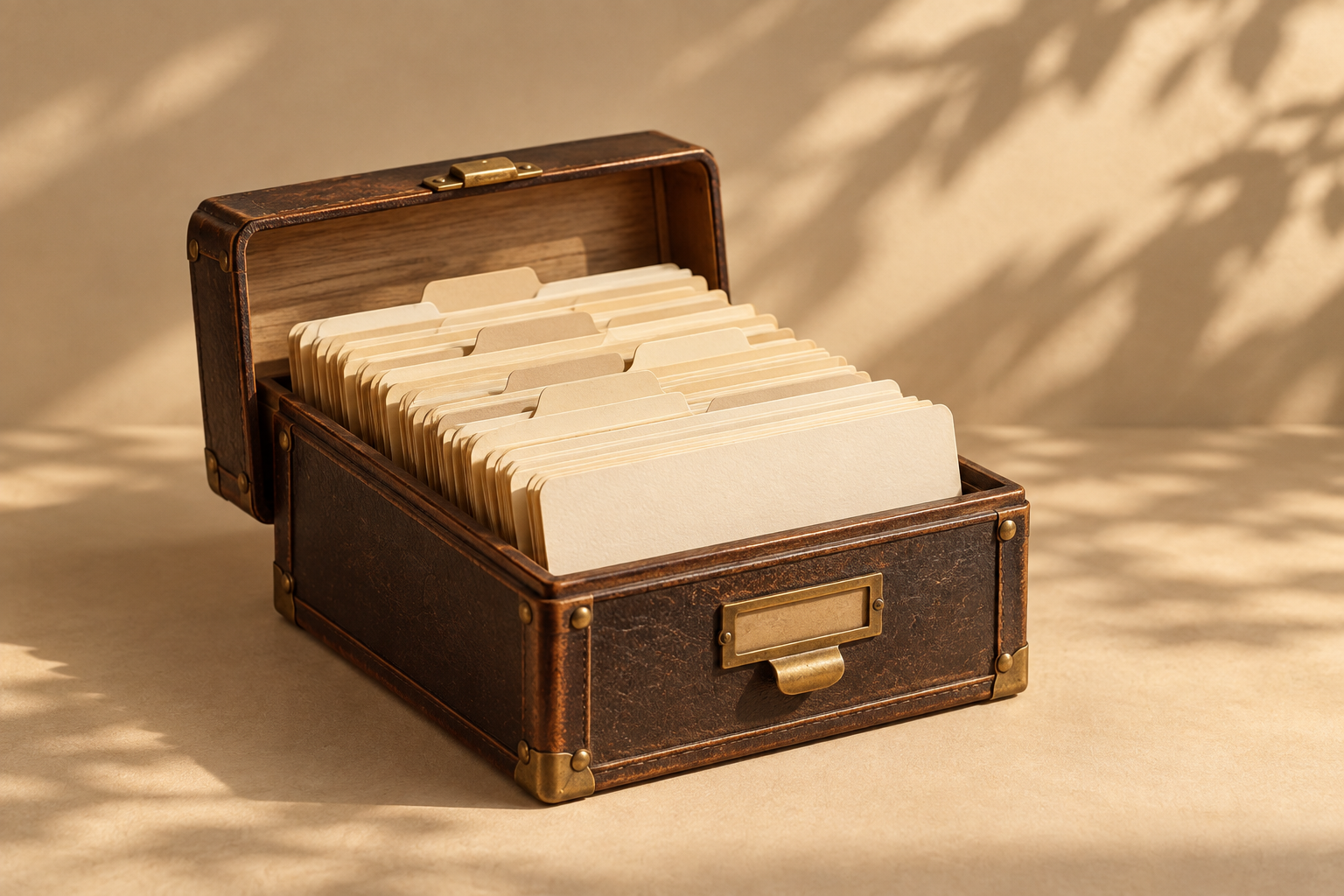 A vintage card-index box filled with paper cards in warm sunlight
